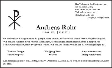 Traueranzeigen Von Andreas Rohr Vrm Trauer De