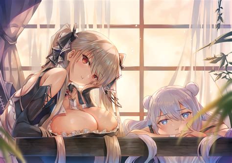 2girls Anthropomorphism Azur Lane Blue Eyes Blush Breasts Brown Hair