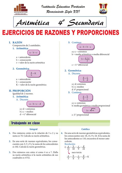 Ejercicios De Razones Y Proporciones Para Cuarto Grado De Secundaria I RazÓn Comparación De 2