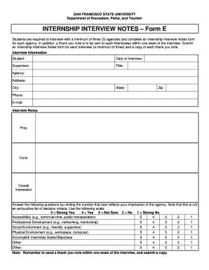 Fillable Online Recdept Sfsu INTERNSHIP INTERVIEW NOTES Form E BSFSUb