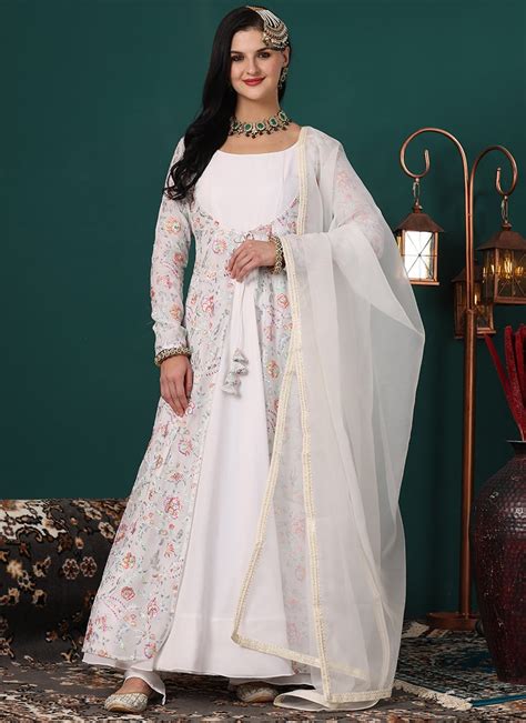 Buy White Embroidered Organza N Georgette Anarkali Suit Festive Wear