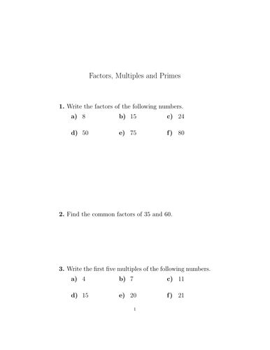 Factors Multiples Primes Hcf Lcm And Product Of Primes Worksheets With Detailed Solutions