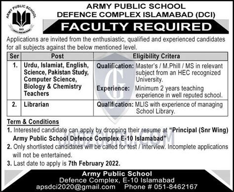 Army Public School Defence Complex Islamabad Latest Jobs Advertisement