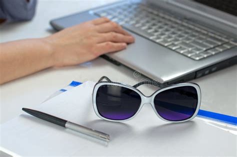 Sunglasses Lie On The Office Table Stock Image Image Of Travel Accessories 90298151