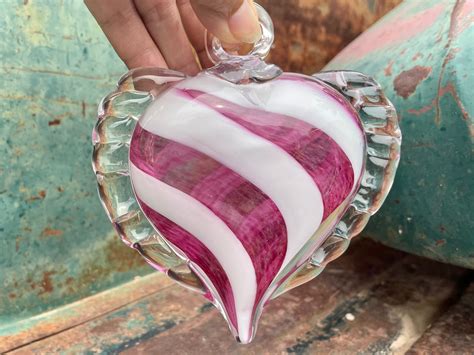 Vintage Hand Blown Glass Ornament Heart Shaped White Pink Handcrafted Bulb Christmas Decor