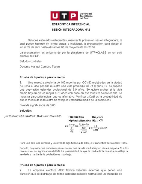 Sesion Integradora N 2 Tarea De Estadistica ESTADISTICA INFERENCIAL