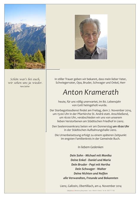 Todesanzeige Anton Kramerath Trauer Link