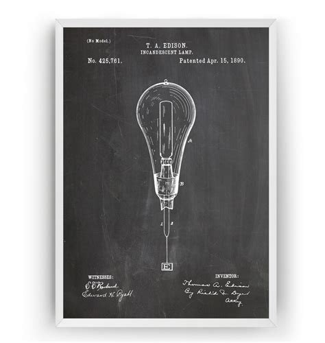 Thomas Edison Incandescent Light Bulb 1890 Patent Print Wall Etsy Uk