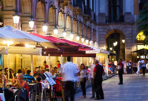 Illuminated Placa Reial In Barcelona Stock Photo Adobe Stock