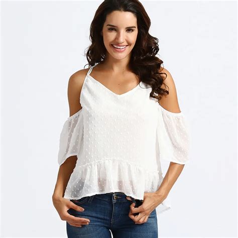 Sexy Off Shoulder Top Chiffon Blouse Off White Shirt Women Boho Polka Dot Blouse Fashion Womens