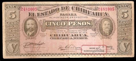 1915 5 Pesos Note Mexican Money Bill Billete Mexico De La Revolucion