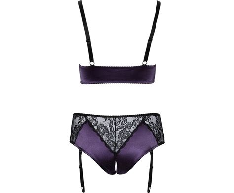 Cottelli Lingerie Purple Suspender Lingerie Set With Black Lace