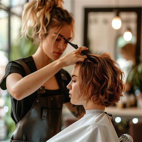 Premium Photo A Woman Is Cutting Her Hair In A Salon With A Hair Dryer