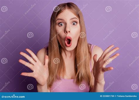 Portrait Of Funky Surprised Shocked Lady Open Mouth Omg Sale Reaction