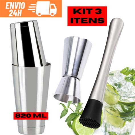 Kit Coqueteleira Boston Inox 800 Ml 2 Copos Dosador Duplo Socador E