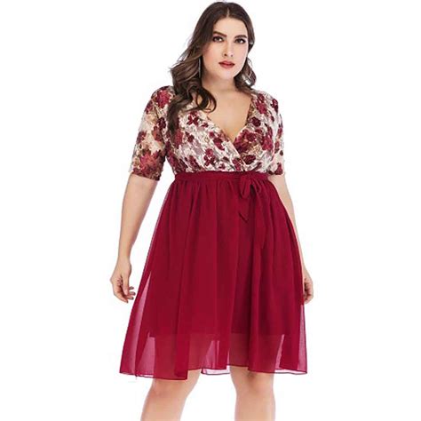 Plus Size Floral High Waist Chiffon Plus Size V Neck Cocktail Dresses