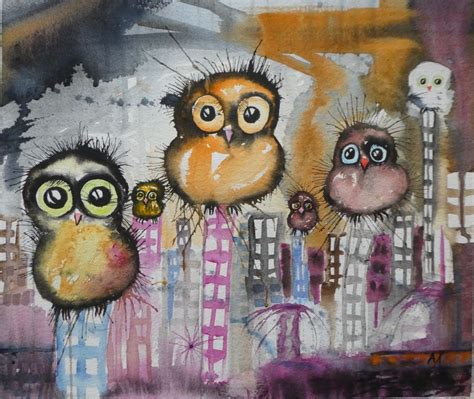 City Owls Akvarell Axart Birds Nature And Art