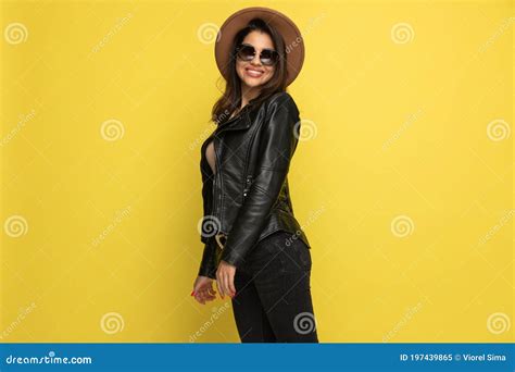 Young Woman In Leather Jacket Smiling Stock Image Image Of Attractive