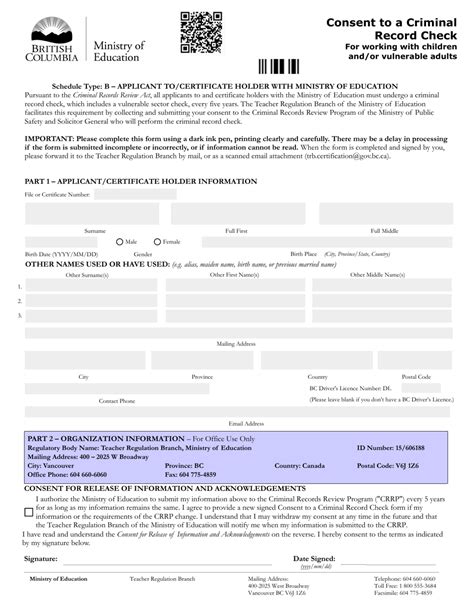 British Columbia Canada Consent To A Criminal Record Check For Working