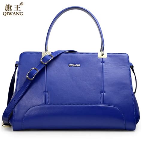 Qiwang Blue Handbags Women Luxury 100 Genuine Leather Tote Hand Bag