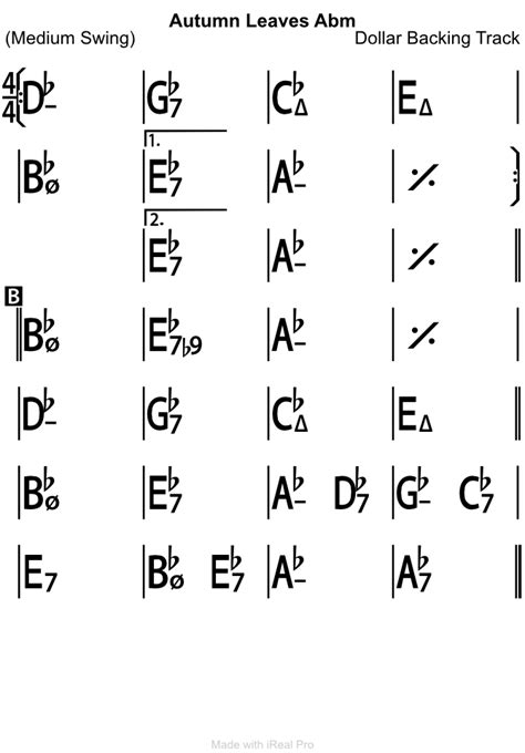 Autumn Leaves In Keys Chord Chart Dollar Backing Track