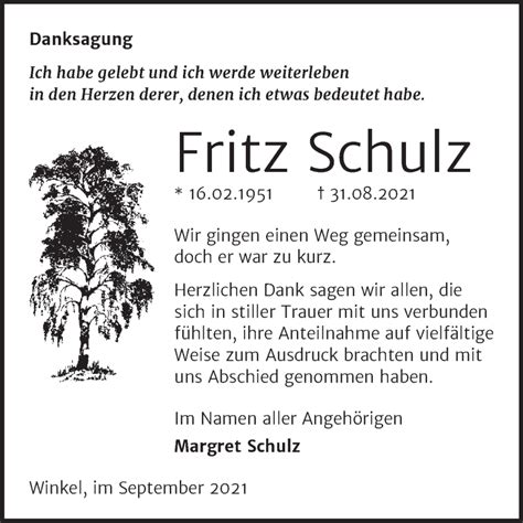 Traueranzeigen Von Fritz Schulz Abschied Nehmen De