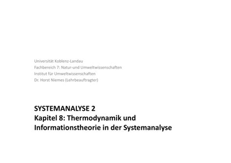 Thermodynamik Und Informationstheorie In Der Systemanalyse