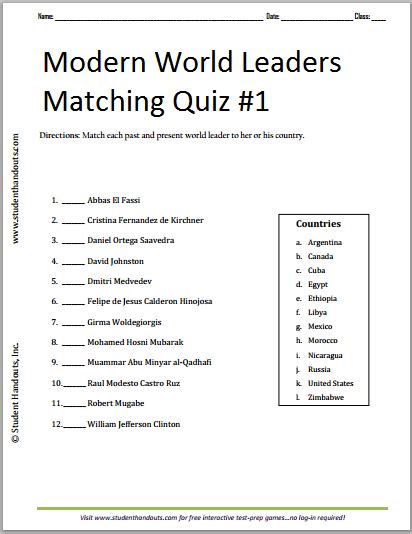 Modern World Leaders Printable Matching Quiz 1 Student Handouts