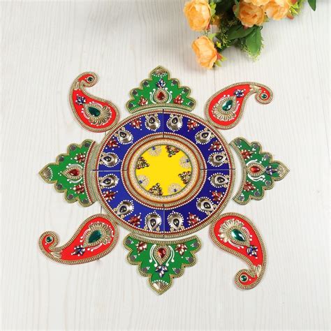 Round Acrylic Multicolor Readymade Kundan Rangoli Size Dimension 15