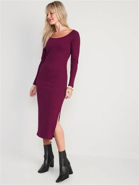 Fitted Long Sleeve Rib Knit Midi Dress Old Navy