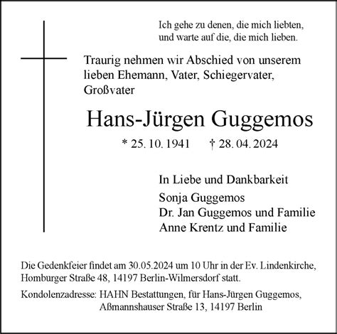 Traueranzeigen von Hans Jürgen Guggemos Tagesspiegel Trauer