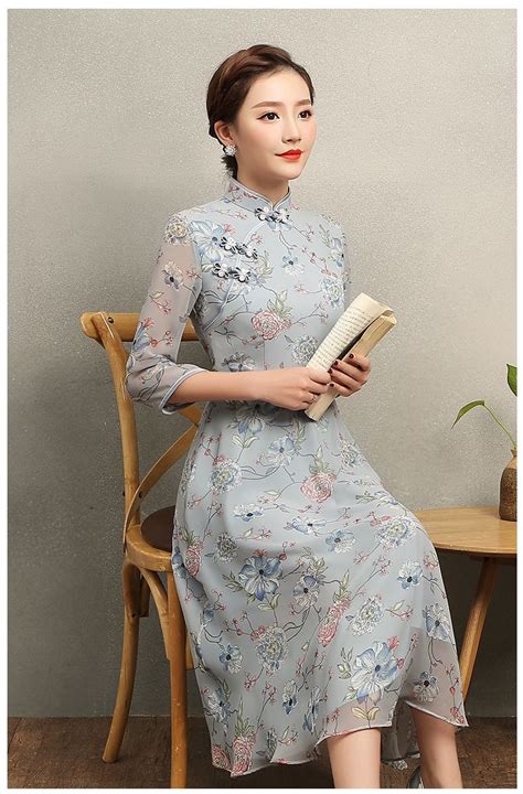 Adorable Floral Print Cheongsam Qipao A Line Dress Qipao Cheongsam