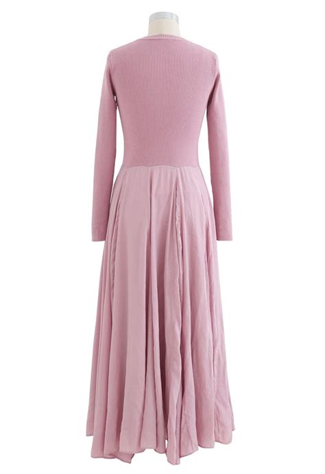 Knit Spliced Long Sleeves Maxi Dress In Pink Retro Indie And Unique