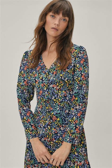 Womens Floral Print Button Down Midi Tea Dress Boohoo Uk