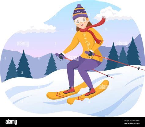 Ski Illustration With Skiers Sliding Near Mountain Going Downhill In