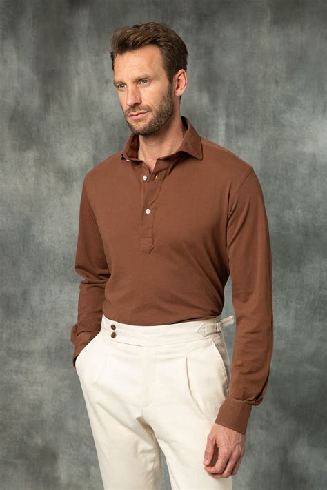 Brown Popover Polo Shirt Made In Italy Pini Parma