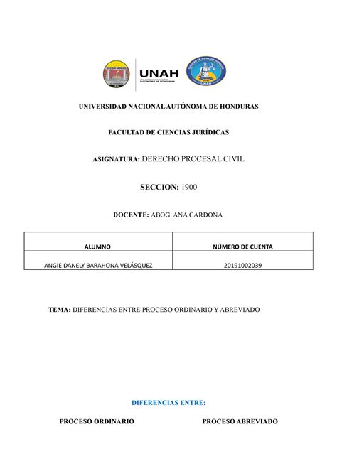 Diferencias Entre Proceso Abreviado Y Ordinario UNIVERSIDAD NACIONAL