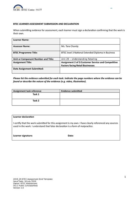 Assignment Brief 2 Unit 29 Btec Learner Assessment Submission And Declaration When Submitting