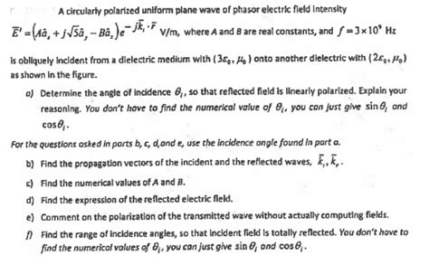 Solved A Circularly Polarized Uniform Plane Wave Of Phasor Chegg