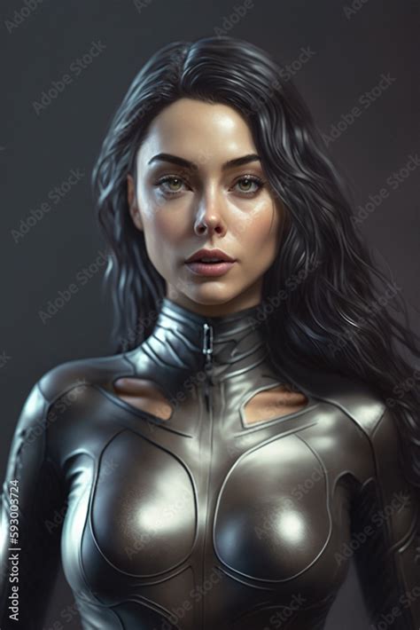 Beautiful Woman With Long Black Hair In A Skin Tight Leather Suit Created With Generative Ai