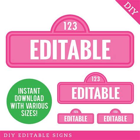 Instant Download Pink Sesame Street Signs Editable Printable File