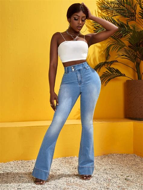 Shein Essnce High Waist Bleach Wash Flare Leg Jeans Shein Usa