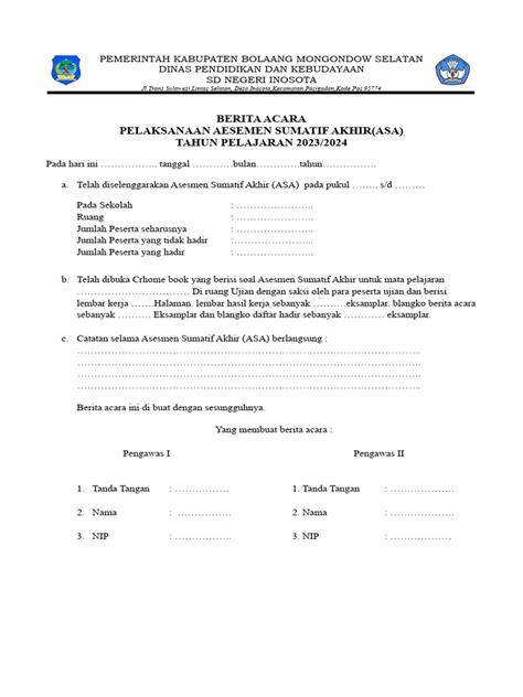 Berita Acara Pelaksanaan Ujian Sekolah Pdf