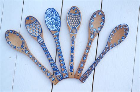 Painting Art Painted Wooden Spoons Waves Flowers Fishes Hearts