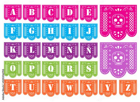 Papel Picado Con Las Letras Del Abecedario Y Con Una Calavera En