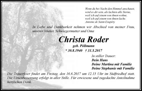 Traueranzeigen Von Christa Roder Nordbayerischer Kurier