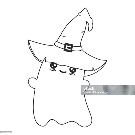 Cute Hand Drawn Cartoon Character Black And White Ghost With Wizard Hat