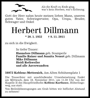 Traueranzeigen Von Herbert Dillmann Rz Trauer De