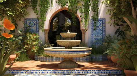 Premium AI Image | A Mediterranean courtyard garden with a central fountain