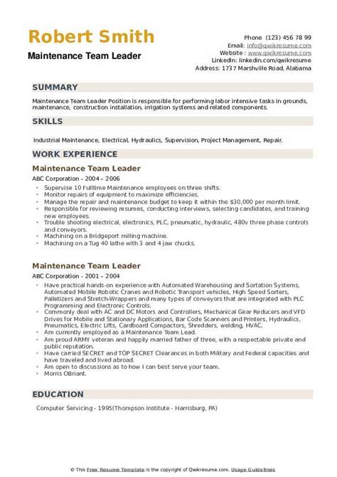 Maintenance Team Leader Resume Samples Qwikresume